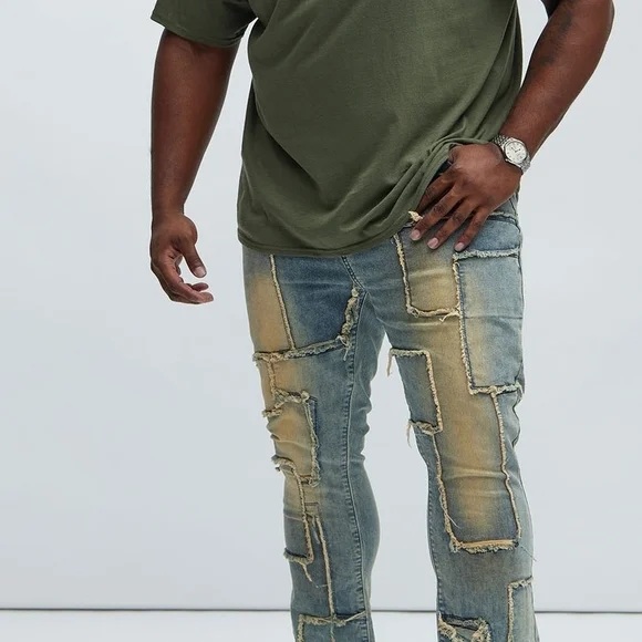 NOVA MENS Light Blue Patchwork Denim Jeans - Picture 4 of 5